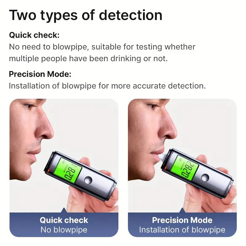 High precision portable breathalyzer with two modes of blowing test. Rechargeable